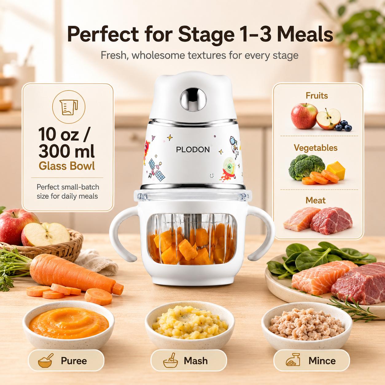 PLODON 10oz Baby Food Maker - Glass Bowl Easy to Use Food Processor with 316 Stainless Steel Blades, 1-Touch Puree Blender for Fruits, Vegetables, BPA-Free Small Batch Meal Prep Tool, Easy To Use Food Processors