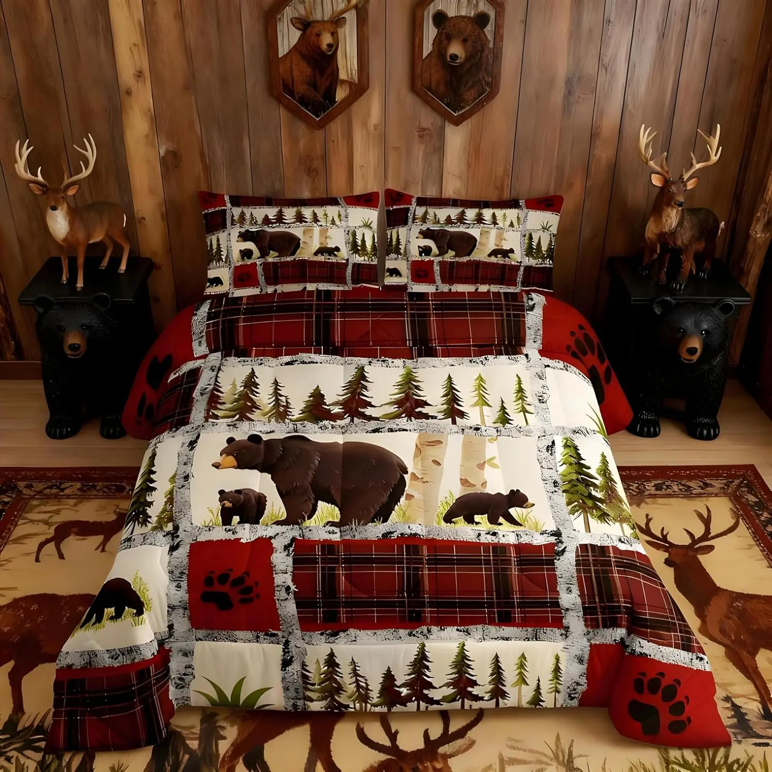 Kids Adult Rustic Cabin Comforter Set,Farmhouse Rustic Bear Bedding Set ,Patchwork Red White Plaid Lodge Comforter,Wild Animals Bed Set