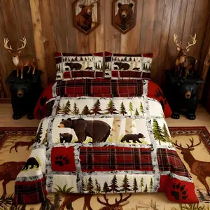 Kids Adult Rustic Cabin Comforter Set,Farmhouse Rustic Bear Bedding Set ,Patchwork Red White Plaid Lodge Comforter,Wild Animals Bed Set