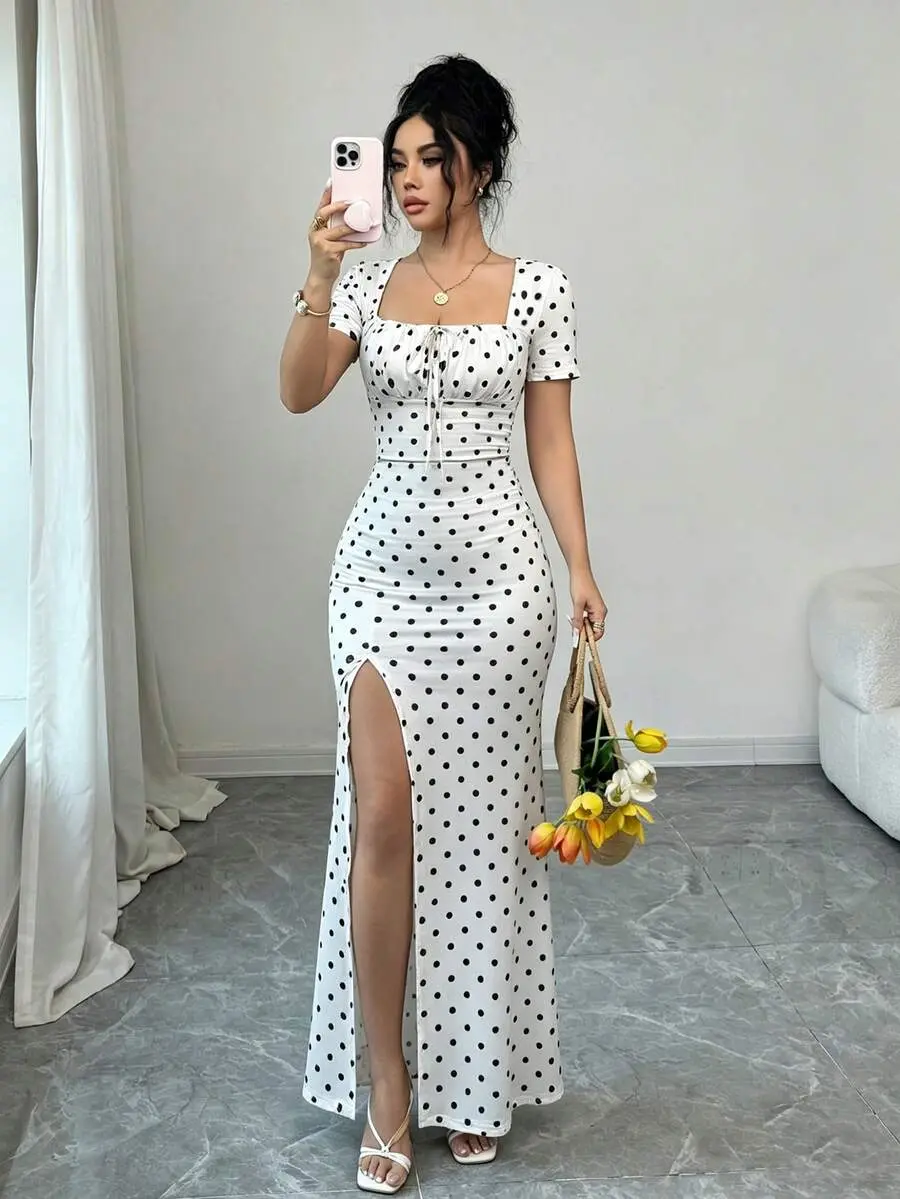 Mia Rafferiza Women's Summer Short Sleeve Dress, Digital Printed Vacation Dress, Beach Holiday Dress With Slit Hem, Waist Ruched Long Dress
