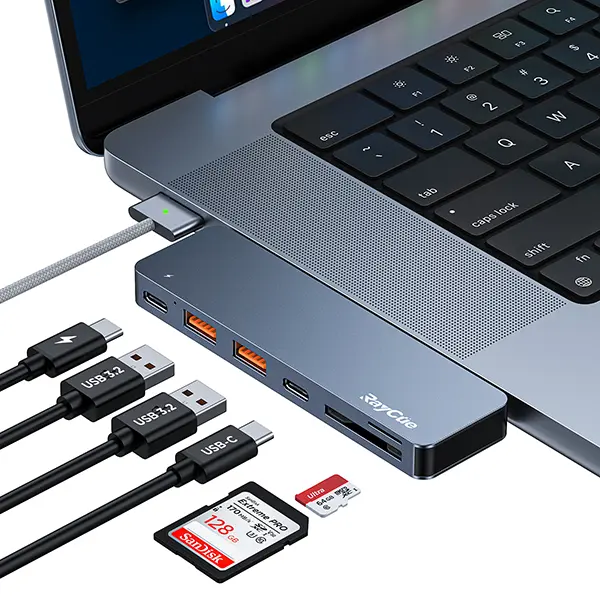 RayCue USB C Hub Adapter for Macs 2019+ (MacBook Pro/Air M1 M2 M3 13in 14in 16in 2020-2022) - 6-in-2 Multi-Functional Dongle with Thunderbolt 3, 3 USB 3.0 Ports, SD/TF Card Reader for Gaming Keyboards, PCs, Sd Card Reader, 14 Inch