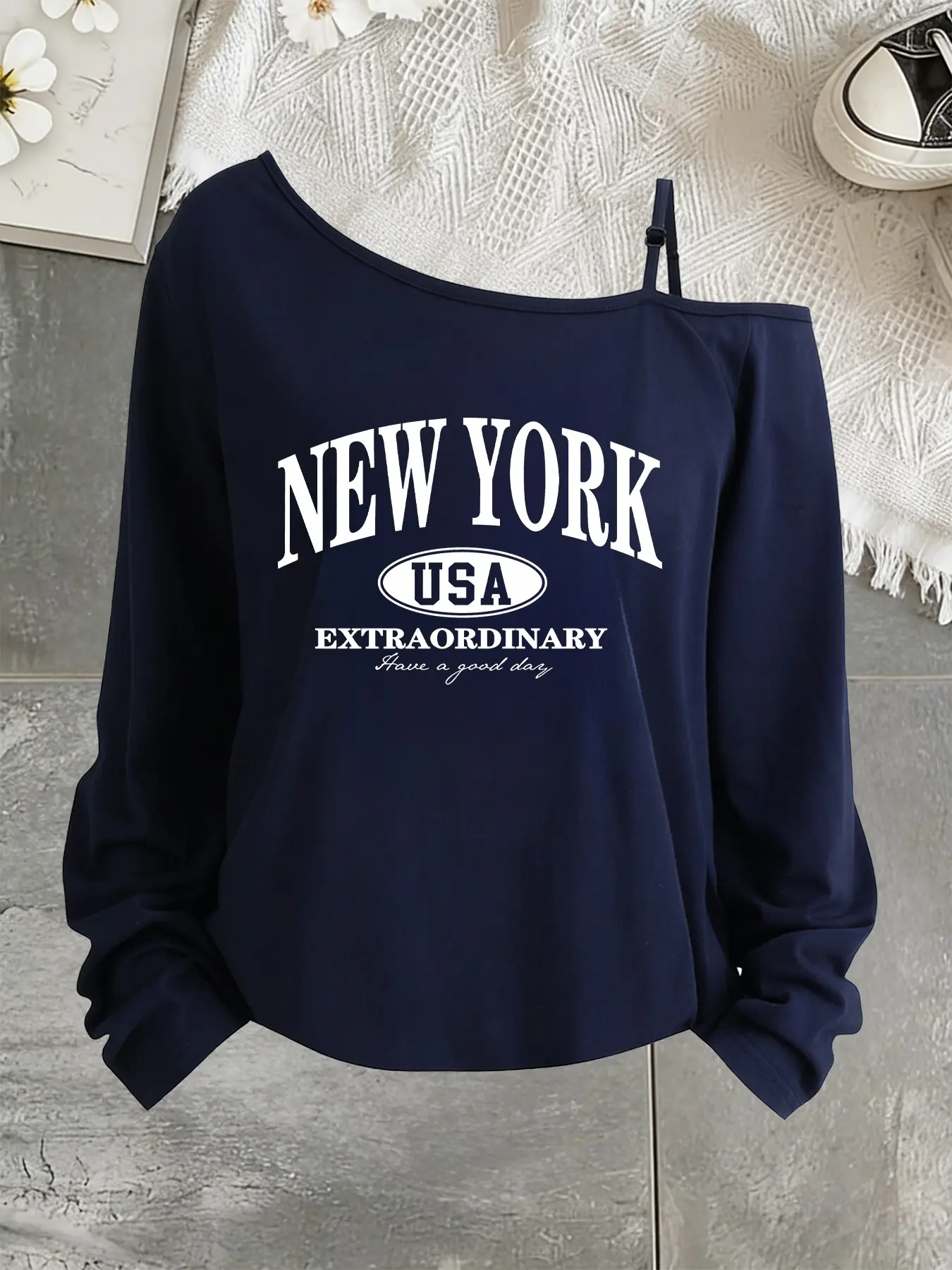 Women's Loose Fit Long Sleeve T-Shirt, Y2K Style Letter Print, Asymmetrical Neckline, Adjustable Shoulder Straps, Casual All-Season Top, Lady, Good Day, Womenswear