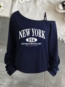Women's Loose Fit Long Sleeve T-Shirt, Y2K Style Letter Print, Asymmetrical Neckline, Adjustable Shoulder Straps, Casual All-Season Top, Lady, Womenswear