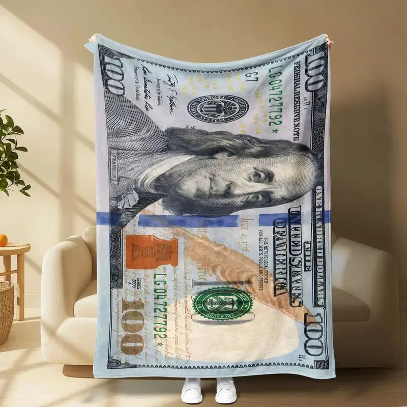 Unisex 100% Polyester Modern US Dollar Bill Letters Flannel Plush Blanket - Soft, Durable, Stain-Resistant, All-Seasons, Machine-Wash Single Throw for Beds, Home Decor