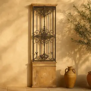 Scroll Brown Wood Distressed Door Inspired Panel Home Wall Decor with Black Metal Wire Details