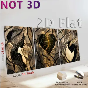 3pcs 2D Flat Wall Decoration (Spring), 3-piece framed canvas wall art - Black & Gold Modern Love Triptych, with heart pattern, vertical couple painting, suitable for weddings, anniversaries, Valentine's Day gifts - Luxurious, framed prints ready to hang d