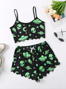 Halloween Theme Alien Pattern Home Casual Set, Holiday Pajamas for Women, Comfortable Halloween Celebration Sleepwear