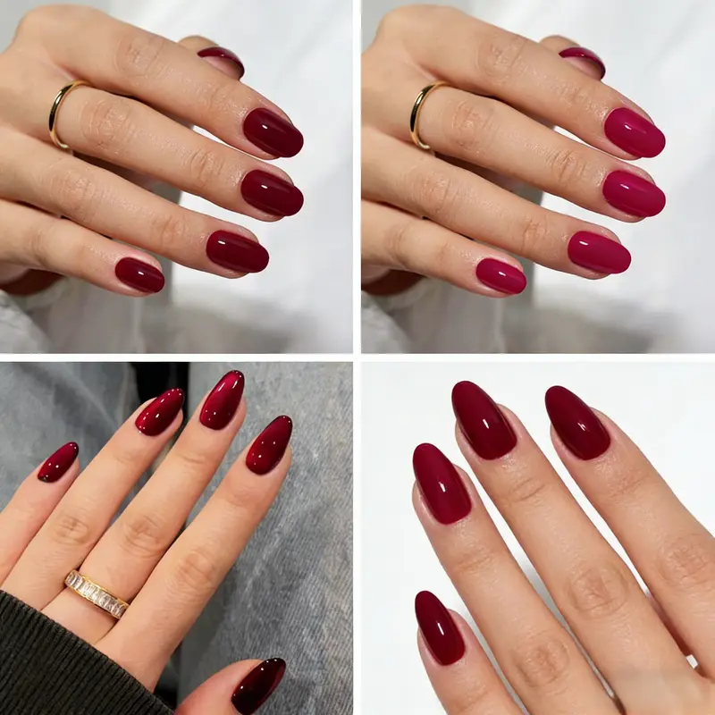 2026 Viral V-Day Deep Red Press-On Nails 4 Styles | 24pcs Each + Free Glue & File | Reusable Burgundy Nails