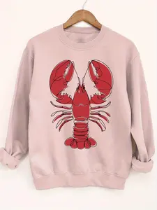 Simple Style Lobster Line Print Long Sleeve Round Neck Knit Sweatshirt, Casual Fitted Thin Fabric, Spring & Fall Fashion for Women