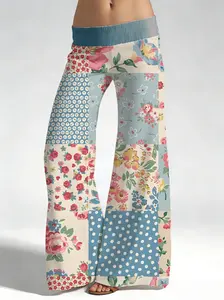 Women's Boho Floral All-Over Print High-Waist Wide-Leg Pants, Soft Breathable Loose Trousers, All-Seasons Boho Outfits for Vacation Beach Lounge