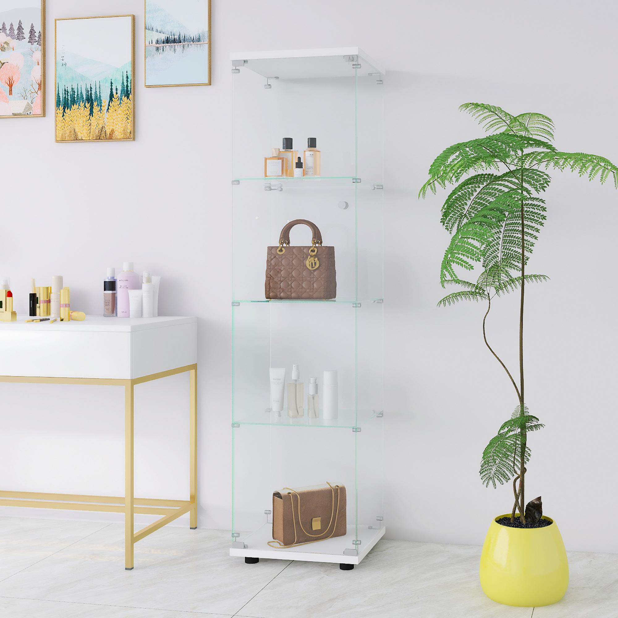 Glass Display Cabinet 4 Shelves with Door, Floor Standing Curio Bookshelf for Living Room Bedroom Office, 64.7"*16.7"*14.3" white