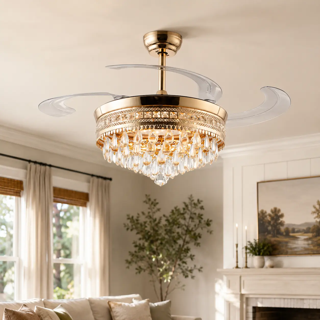 48" Invisible Crystal Fandelier Ceiling Fan with Light and Remote,Retractable Blades LED Dimmable for Bedroom Living Room - Nickle