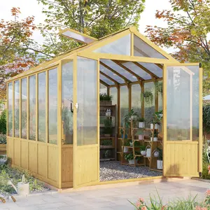 【Ships in 3 Boxes】AMERLIFE Wooden Greenhouse with Lockable Door, Walk-in Cedar Structure, Adjustable Roof Vents, Polycarbonate Panels for Outdoor, Garden, Backyard