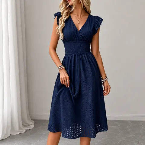Women's Plain V Neck Fitted A Line Dress, Elegant Chic Layered Sleeve Midi Dress for Party Holiday Wedding Guest, Ladies Summer Clothes Womenswear, Elegant Dresses