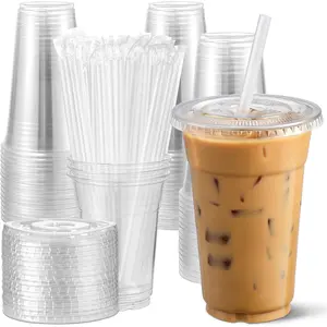 [100 Sets 12 oz Clear Plastic Cups With  and Straws, Disposable Cups With  for Iced Coffee, Smoothie, Milkshake and Cold Drinks.
