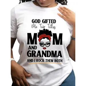 Women'S Casual Crew Neck T-Shirt with "God Gifted Me Two Titles Mom and Grandma" Letter Print, Short Sleeve Top for All Seasons -  Printed Womenswear