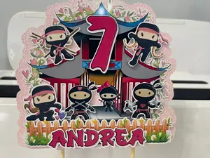 Cute Ninja Girls Cake Topper 3D Decoration, Ninja Girls Happy Birthday Party Decoration Light Wooden Insert Ornaments
