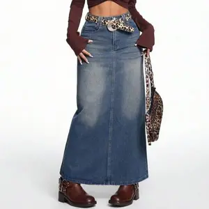 2026 European and American style denim midi skirt, extra long A-line high waist, back slit, extended casual midi skirt, slimming.