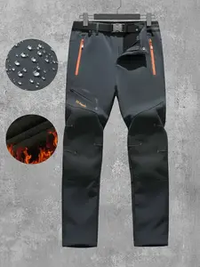 Men's Outdoor Multi-Functional Waterproof Windproof Fleece-Lined Pants, Casual Streetwear Trousers, Zipper Pockets + Detachable Belt, Warm & Stylish for Hiking Camping Skiing, Winter Daily Casual