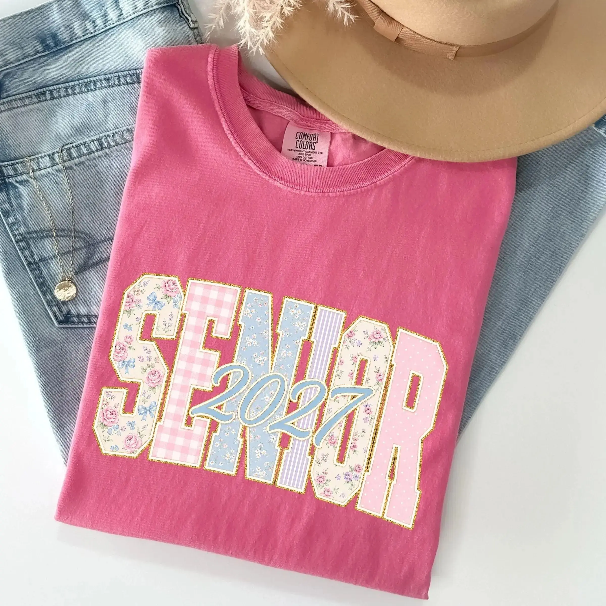 Comfort Colors Senior 2027 Floral Patchwork Varsity Letter T-shirt For High School Seniors And Best Friends, Graduation Gift, Apparel Made In The USA		