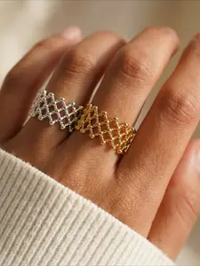 Trendy Hollow Out Diamond Mesh Woven Open Ring Wide Band Lace Gold Ball Joint Statement Ring for Women Stackable Rings
