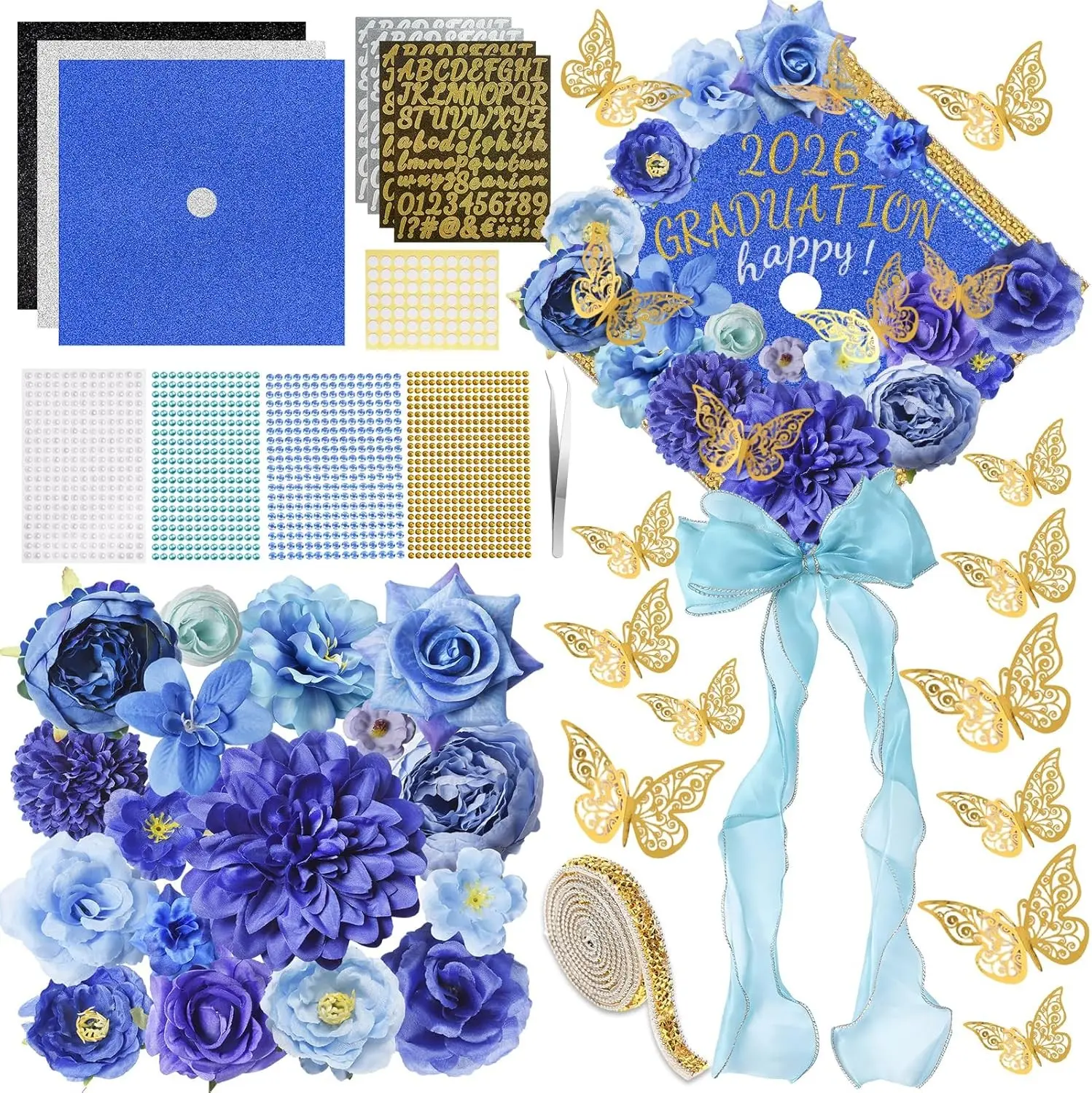 44PCS DIY Graduation Cap Decorations Kit,Grad Cap Decorations with Faux Flowers Rhinestones Stickers 3D Butterfly Bow Alphabet Letter Number Stickers for 2026 Graduation Party Supplies(Blue)