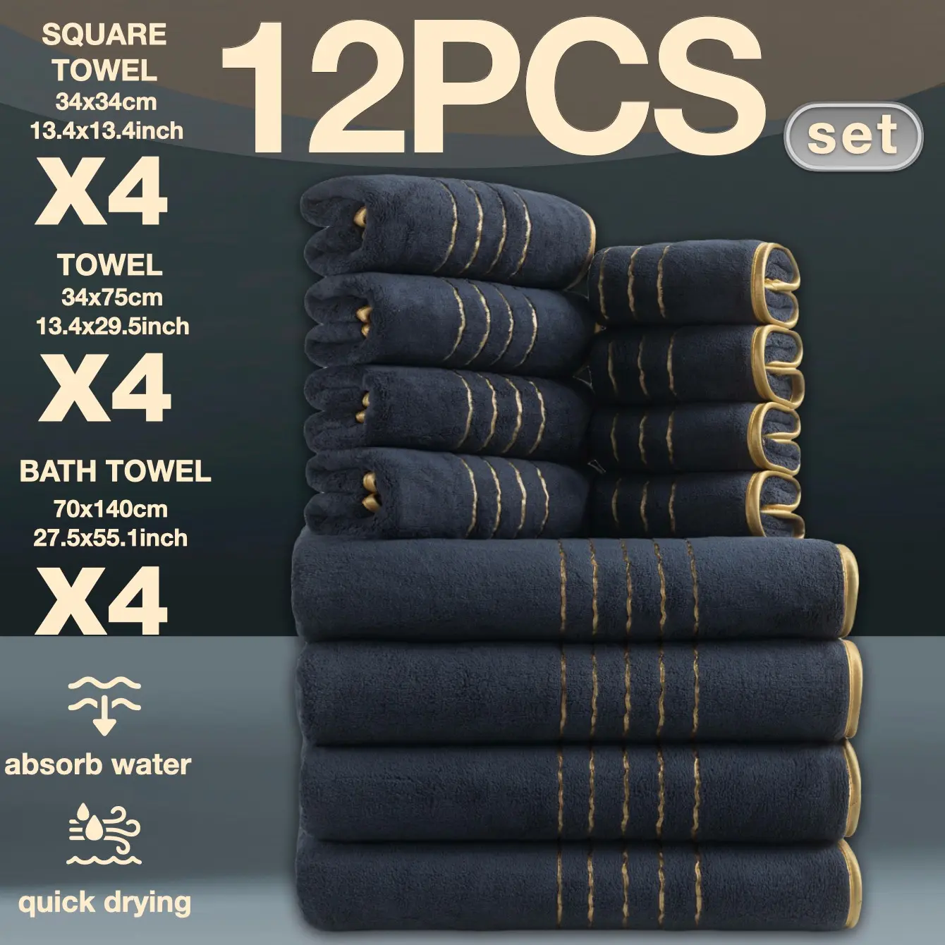 12-Piece Luxury Gold-Trimmed Bath Towel Set, Quick-Dry Superfine-Fiber Towels, Modern Spa Bathroom Towel Set Reusable for Home, Camping, Hotel and School Use