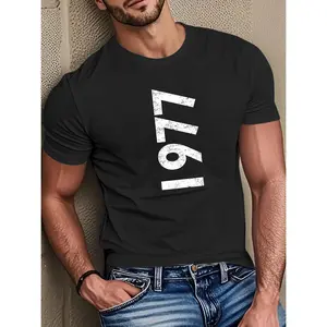 Vintage 1977 Print T-Shirt - Soft Breathable Round Neck Retro Casual Shirt with Ribbed Collar, Suitable for Summer Casual Attire & Themed Outfits, Hand Washable Apparel