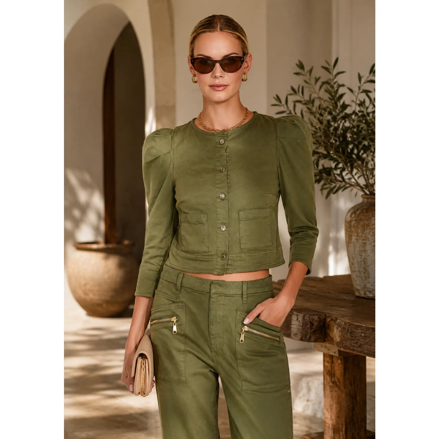 Women's Sienna Military Denim Jacket - Lady's Chic Outerwear with Long Puff Sleeves, Casual Button Front, Fitted Twist Waist, Matching Tops for Women Coordinating Piece