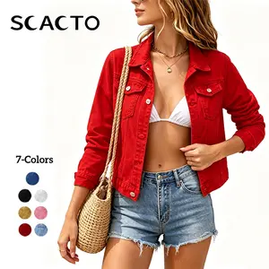 Scacto Summer Style Women's Denim Jacket, Long Sleeve Button Down Slim Fit Lapel Jean Jacket for Women Casual Fashion Distressed Denim Jacket Oversized