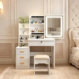 Cream White LED Sliding Mirror Makeup Vanity Desk with Stool, 3-Color Lights, Lockable Drawer, Storage Shelves, Small Indoor Furniture for Bedroom