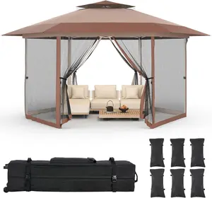 Onbrill 13x13 Hexaogn Gazebo Outdoor Canopy Shelter with 6 Sandbags, Instant Patio Gazebo Sun Shade Canopy Tent, Double Tiers & Mesh Netting for Lawn, Garden, Backyard & Deck, Coffee