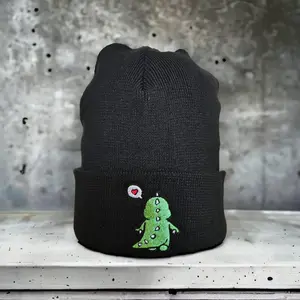 Beanie With Dinosaur Gift For Dino Fan Cute Beanie, Gift For Her Embroidered Black Beanie