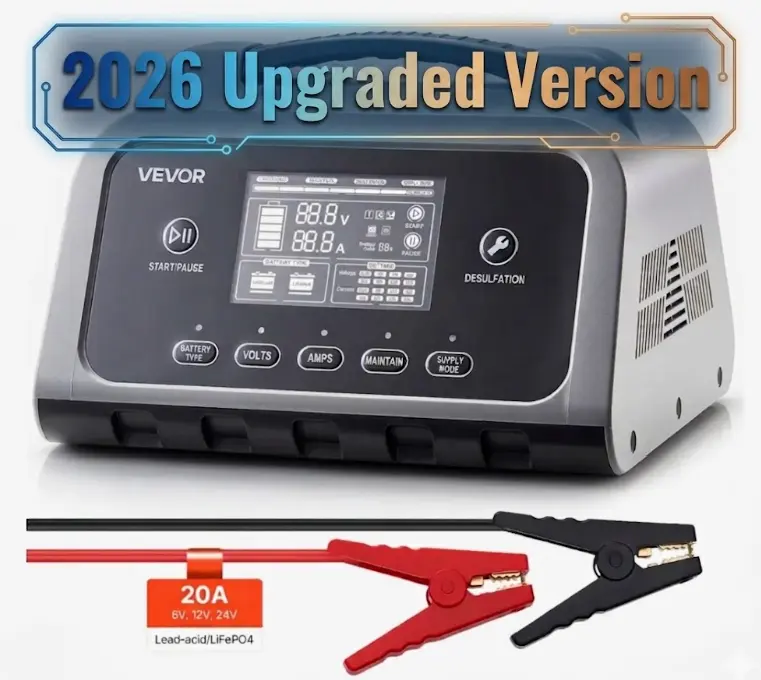 VEVOR 2026 Upgraded 20A Smart Battery Charger, 6V-12V-24V for Lithium LiFePO4 Lead-Acid (Gel/AGM) Batteries, LCD Display Charger with Trickle Charging, Maintainer, Desulfator & Short Circuit Protection, for Car, Boat, Compact Lawn Mowers