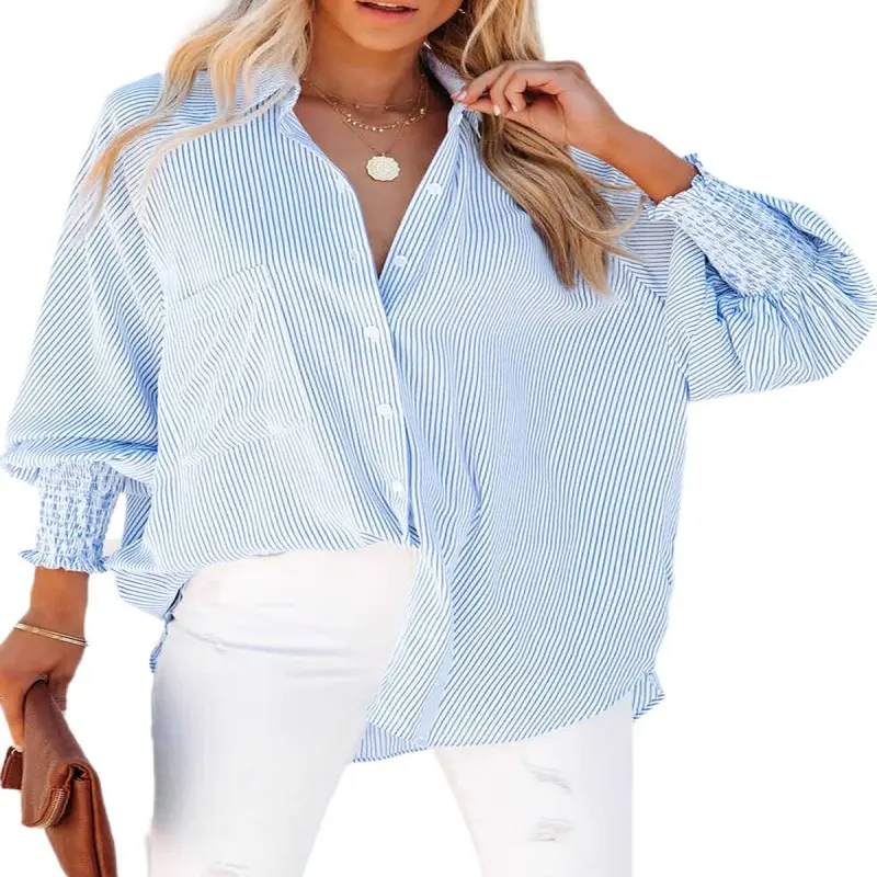 Women's Smocked Cuffed Striped Boyfriend Shirt with Pocket Casual Collar Long Sleeve Blouse Tops for Pocket Shirred Fit Pants spring tops Fabric Womenswear church outfit Beach Button Comfy Elastic