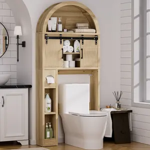 AHB Over The Toilet Cabinet with Sliding Doors and Anti-Tip Device, Arched Freestanding Storage Cabinet, Space-Saving Bathroom Organizer for Laundry and Mini Bar