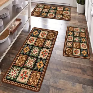 Bohemian plaid kitchen mat, non-slip washable polyester carpet, lightweight floor mat, suitable for sinks, offices, laundry rooms - machine washable square carpet, kitchen carpet