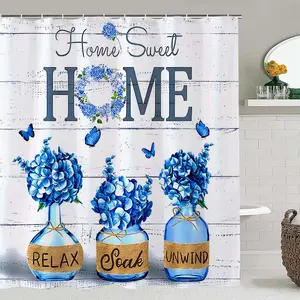 Blue Floral Glass Bottle Pattern Shower Curtain Set, Includes Hooks, Bath Mat, Toilet Lid Cover, U-Shaped Pad, Ideal Gift