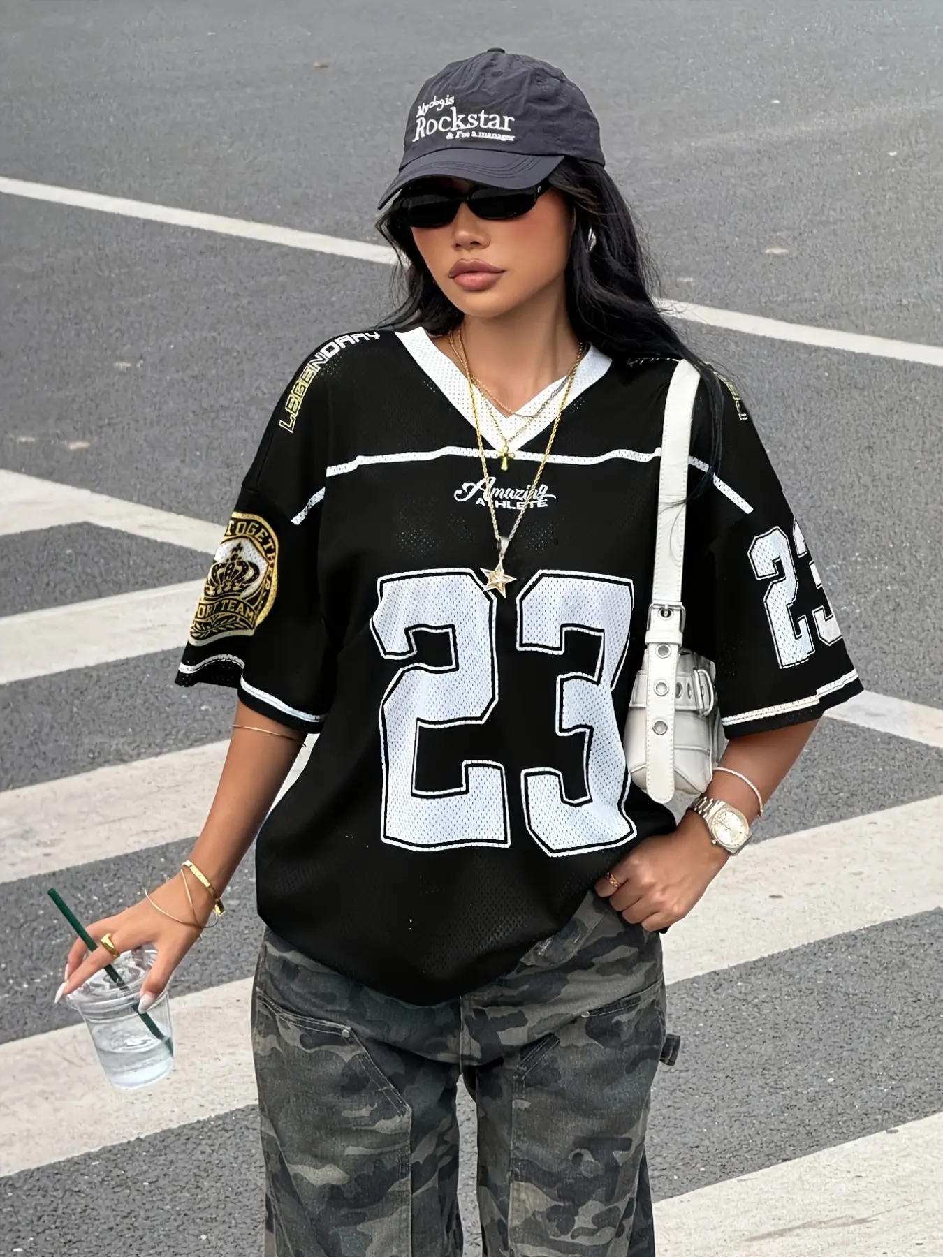 Women's Summer V-Neck Short Sleeve T-Shirt, Loose-Fitting Sporty Print Top, Fashionable Basketball Style, Campus Sports, Sisterly, Activewear Tee, Athletic Workout Tees, Active Tops, Fitness Clothes Tops