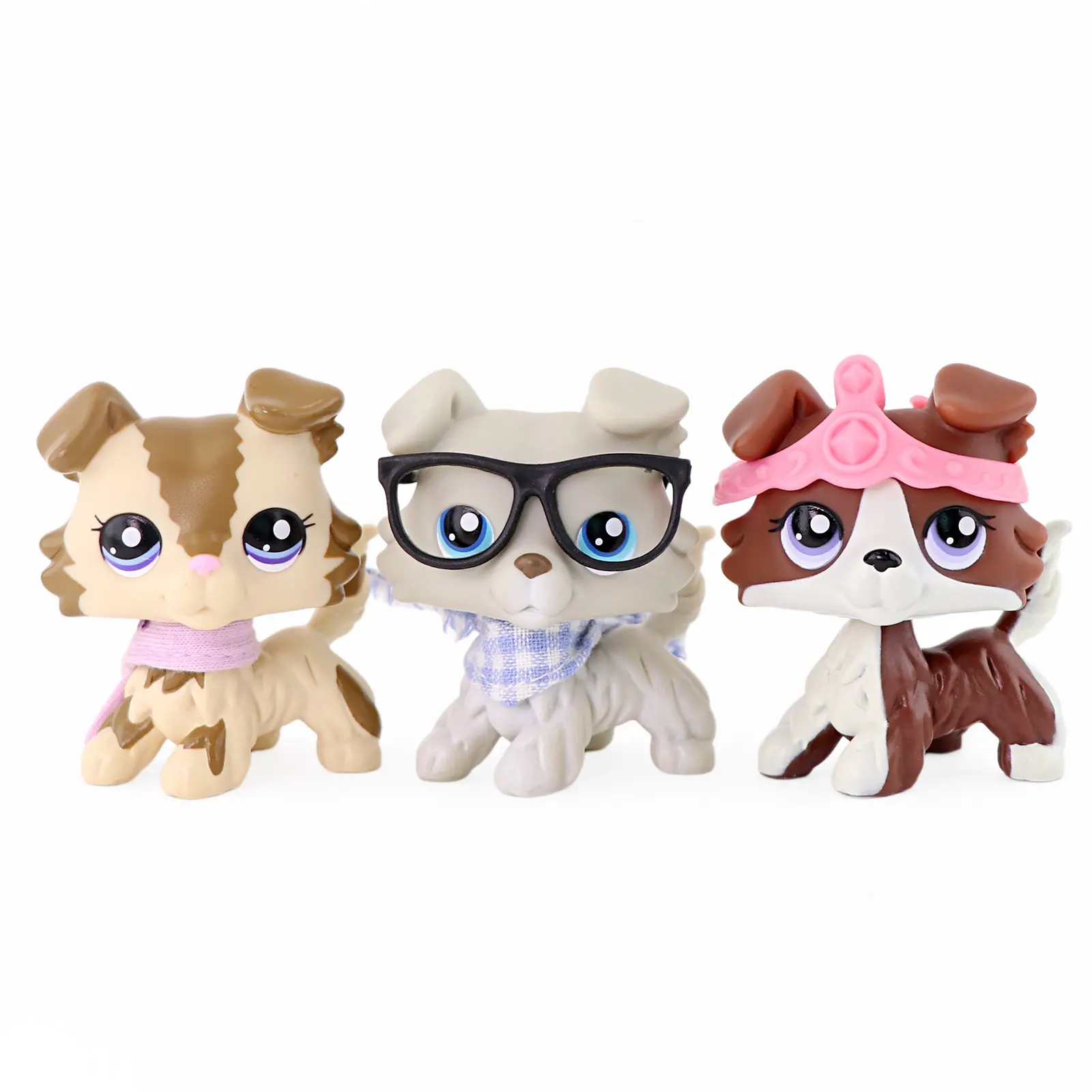 3 Pcs Bobble Head Collie Dog Figurines Set, Cute Mini Puppy Collectible Toys with Detachable Pink Scarf Glasses Plaid Bandana Princess Tiara Accessories, Small Pet Dolls for Cake Toppers Kids Birthday Party Favors Gift
