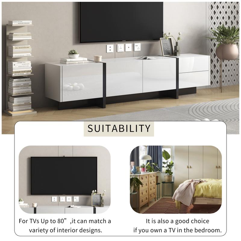 Bellemave ON-TREND White & Black Contemporary Rectangle TV Stand with 2 Drawers & 3 Cabinets for TVs Up to 80'' Modern TV Cabinet with UV Surface for Living Room