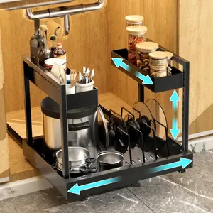 Under-Sink Expandable 2 Tier Metal Steel Adjustable Dual Drawer Under The Sink Sliding Cabinet Storage Organizer Manufacturer