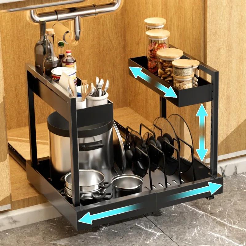 Under-Sink Expandable 2 Tier Metal Steel Adjustable Dual Drawer Under The Sink Sliding Cabinet Storage Organizer Manufacturer
