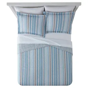 Blue & Gray Vertical Stripe Quilt, King, Reversible, Machine Washable, 104.00 x 90.00 x 0.50 Inches