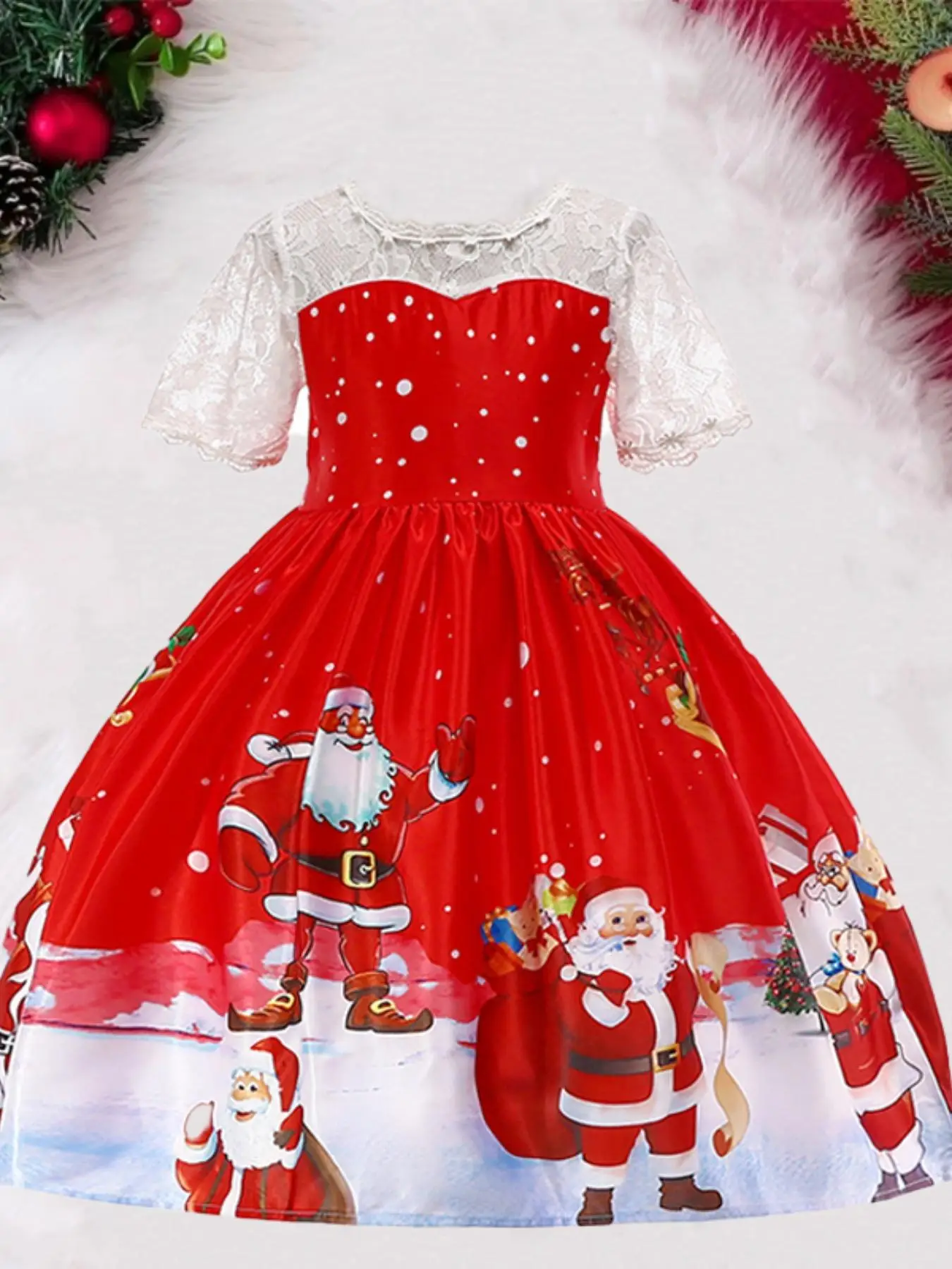Girl's Christmas Print Contrast Lace Bow Decor A Line Formal Dress, Cute Short Sleeve Round Neck Dress for Party Holiday, Kids Clothes for All Seasons