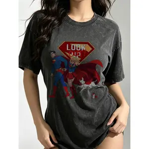 【Justice League】Retro Superman Supergirl With Pet Dog Krypto Look Out Letter Printed Washed Tee Loose Fit Summer Cotton Top For Superman Comic Fans