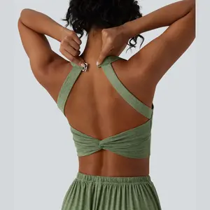 Halara Backless Twisted Adjustable Buckle Skinny Cropped Heathered Casual Tank Top