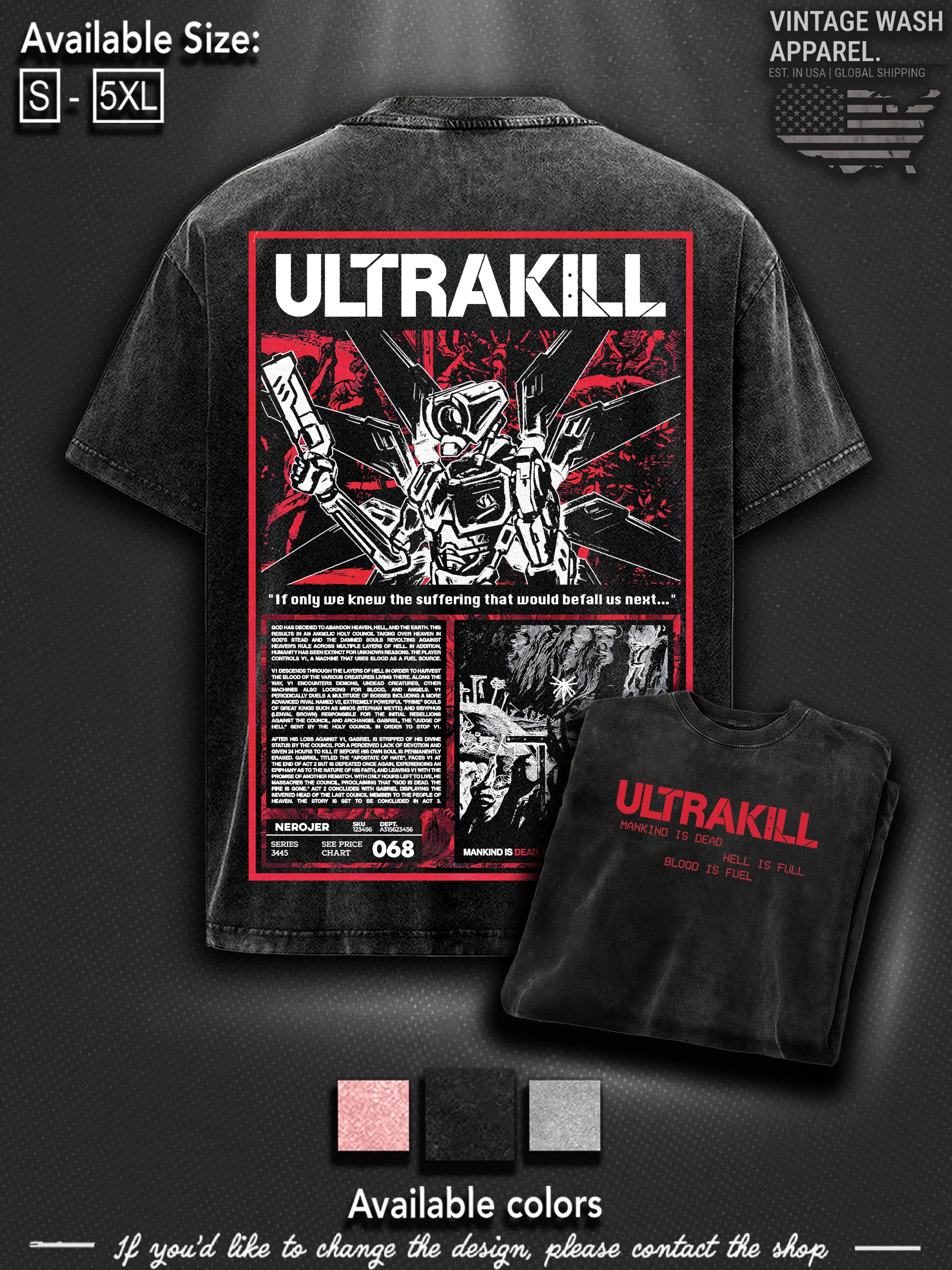 Ultrakill Video Game Washed T-Shirt, Sweater, Hoodie , Indie FPS Game Shirt, Gift For Game Fan, Streetwear Clothes