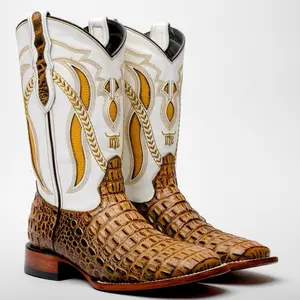 Honey Caiman Hornback Leather Boots - Square Toe