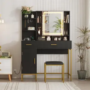 Makeup Vanity Desk with Lights in 3 Colors, White Vanity Table with Charging Station, Visible Drawers，Black, girl